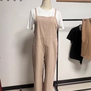 Beige Overalls with White T-Shirt